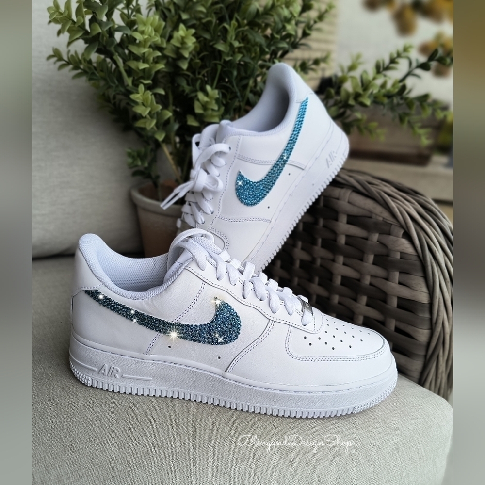 Bling Womens Nike Air Force 1 07 Shoes White Customized with Blue Crystals